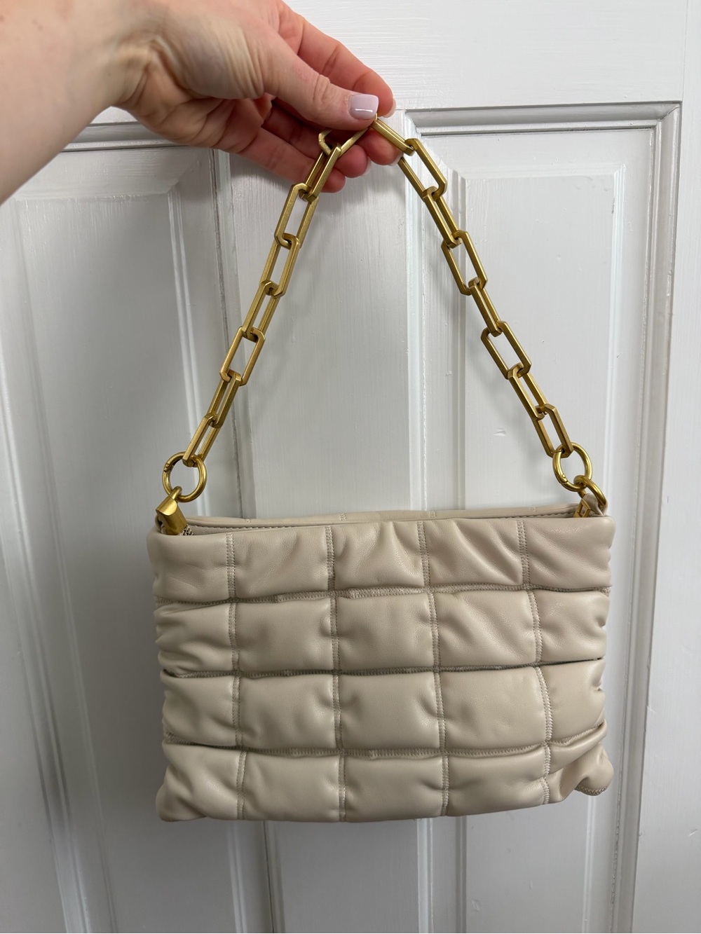 Beige Quilted Shoulder Bag with Gold Chain Handle